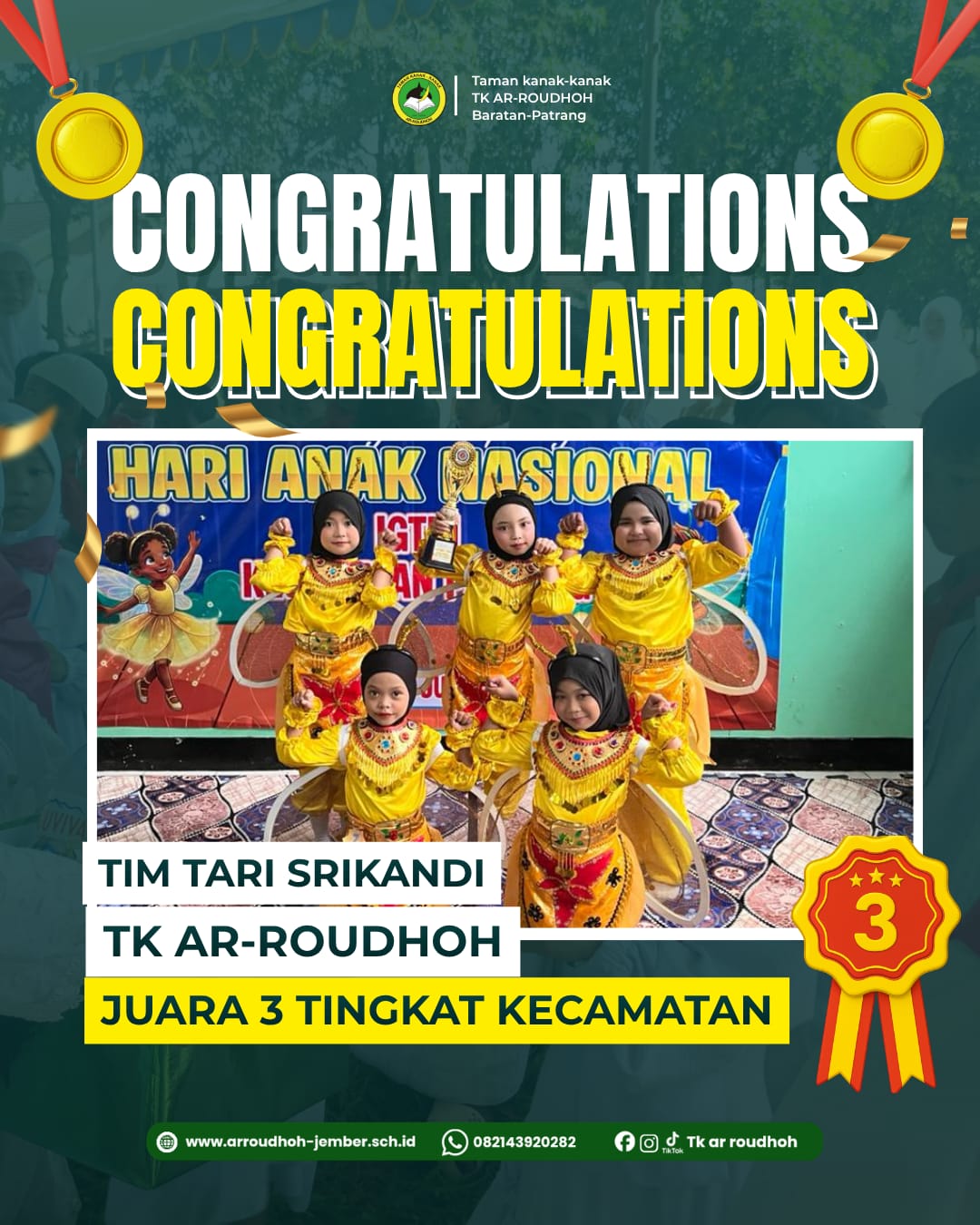 Tim Tari Srikandi TK Ar-Roudhoh Raih Juara 3 Tingkat Kecamatan dalam Peringatan Hari Anak Nasional