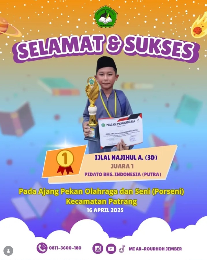 Ijlal Najihul H. Raih Juara 1 Pidato Bahasa Indonesia Putra pada PORSENI Kecamatan Patrang