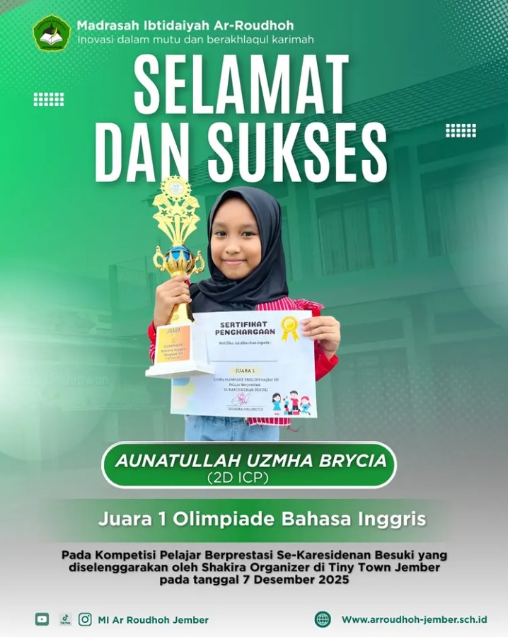 Aunatullah Uzhma Brycia Raih Juara 1 Olimpiade Bahasa Inggris pada Kompetisi Pelajar Berprestasi Se-Karesidenan Besuki