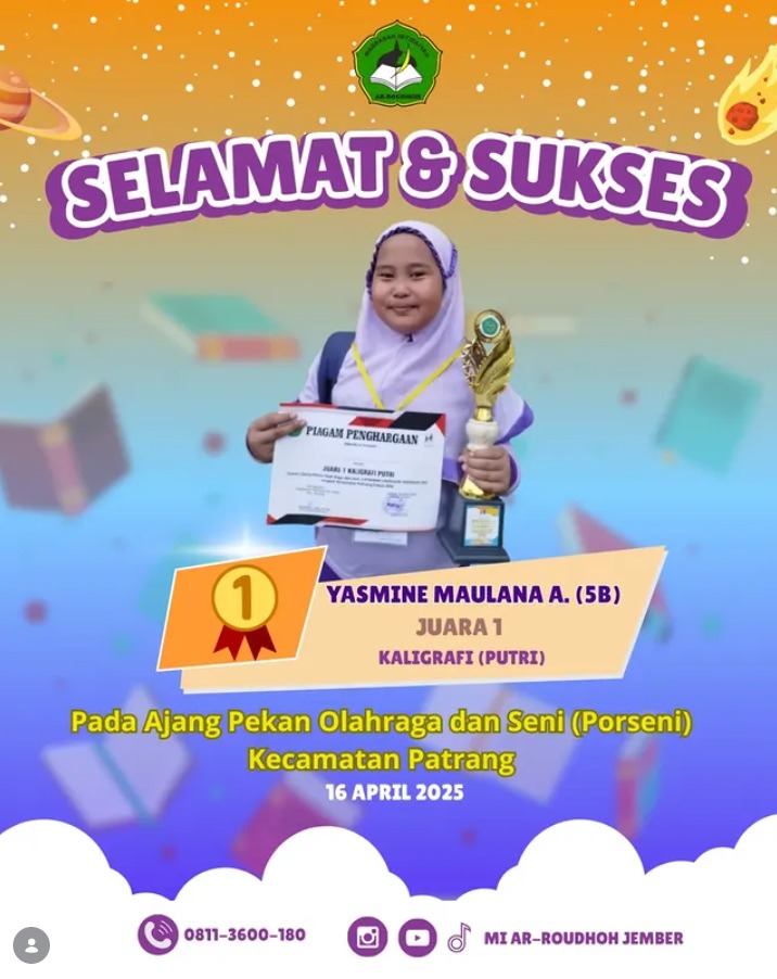 Yasmine Maulana Azzahra Raih Juara 1 Kaligrafi Putri pada PORSENI Kecamatan Patrang