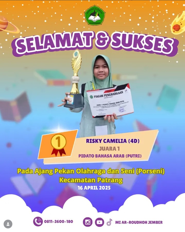 Risky Camelia Raih Juara 1 Pidato Bahasa Arab Putri pada PORSENI Kecamatan Patrang