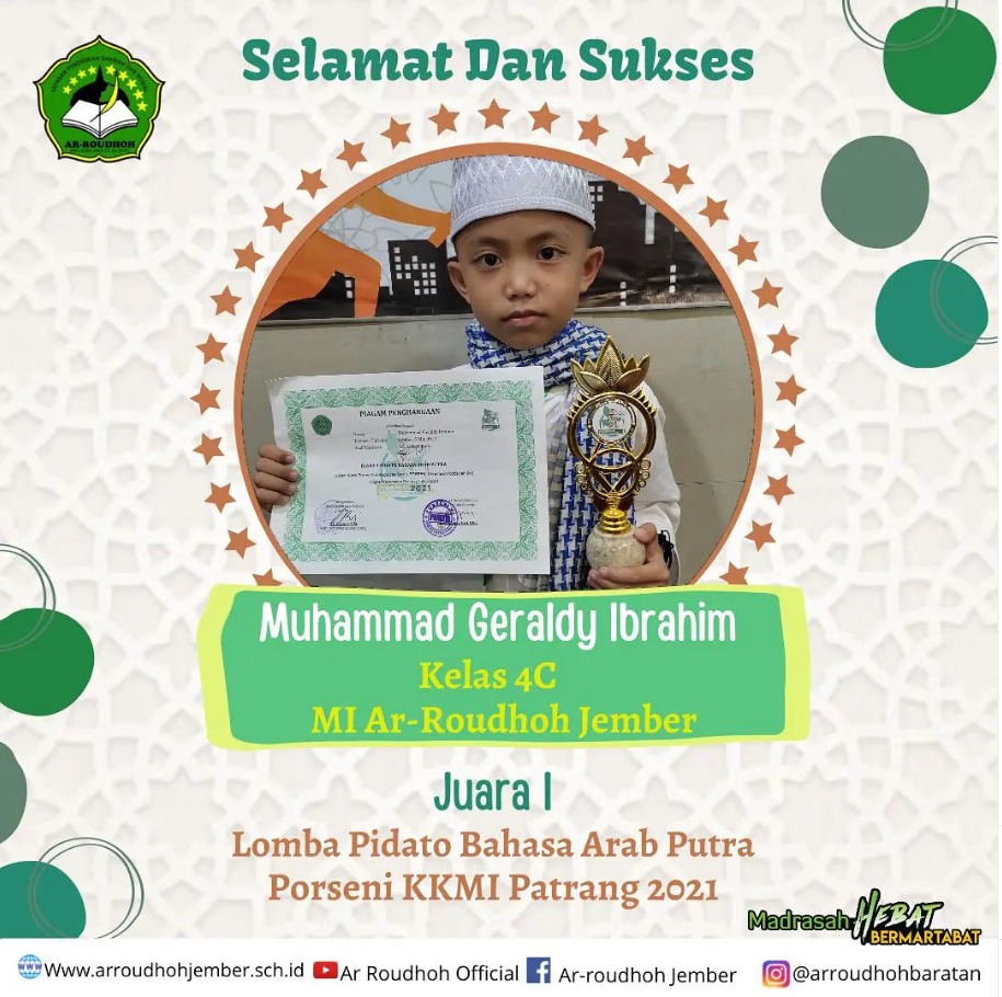 Siswa MI Ar Roudhoh Raih Juara 1 Lomba Pidato Bahasa Arab Putra pada PORSENI KKMI Patrang 2021
