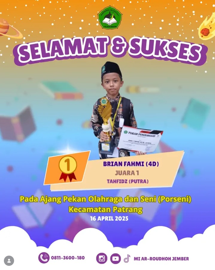 Brian Fahmi Raih Juara 1 Tahfidz Putra pada PORSENI Kecamatan Patrang