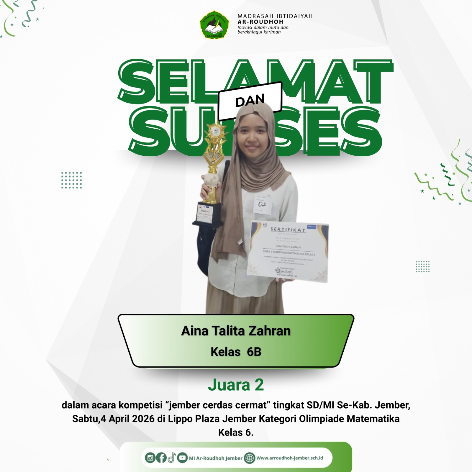 Aina Talita Zahran Raih Juara 2 Olimpiade Matematika pada Ajang Jember Cerdas Cermat 2026