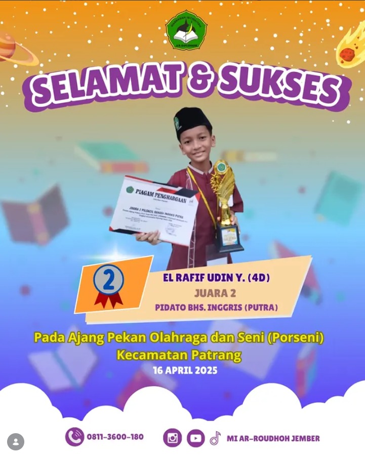 El Rafif Udin Yusuf Raih Juara 2 Pidato Bahasa Inggris Putra pada PORSENI Kecamatan Patrang