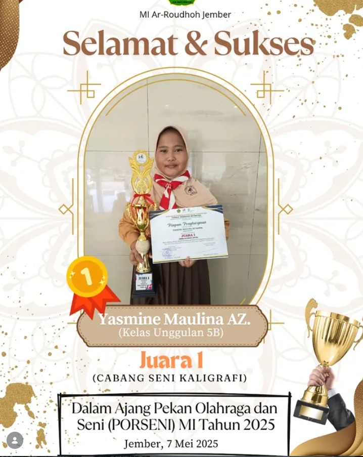 Yasmine Maulina A.Z. Raih Juara 1 Kaligrafi pada PORSENI Kabupaten Jember
