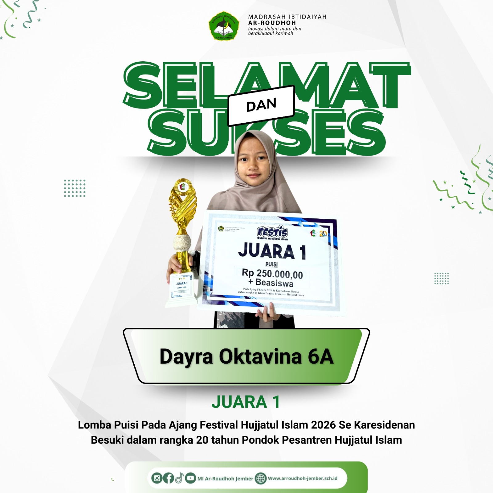 Dayra Oktavina Raih Juara 1 Lomba Puisi Festival Hujjatul Islam 2026