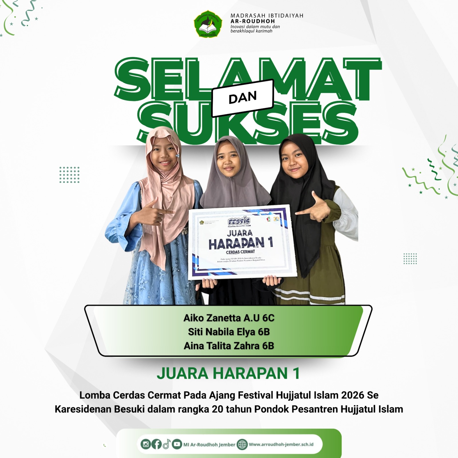 Tim MI Ar-Roudhoh Raih Juara Harapan 1 Lomba Cerdas Cermat Festival Hujjatul Islam 2026