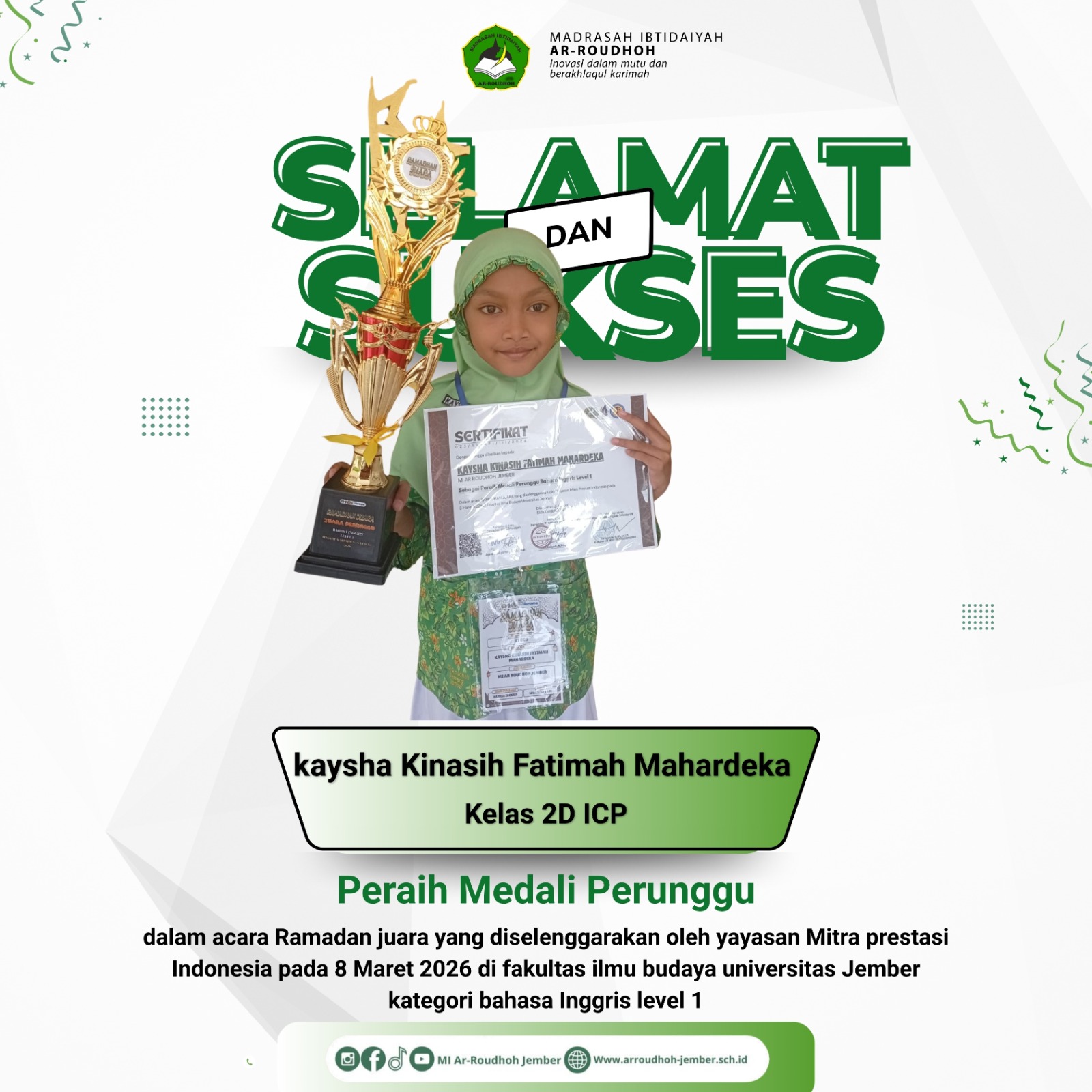 Kaysha Kinasih Fatimah Mahardeka Raih Medali Perunggu pada Ajang Ramadan Juara 2026