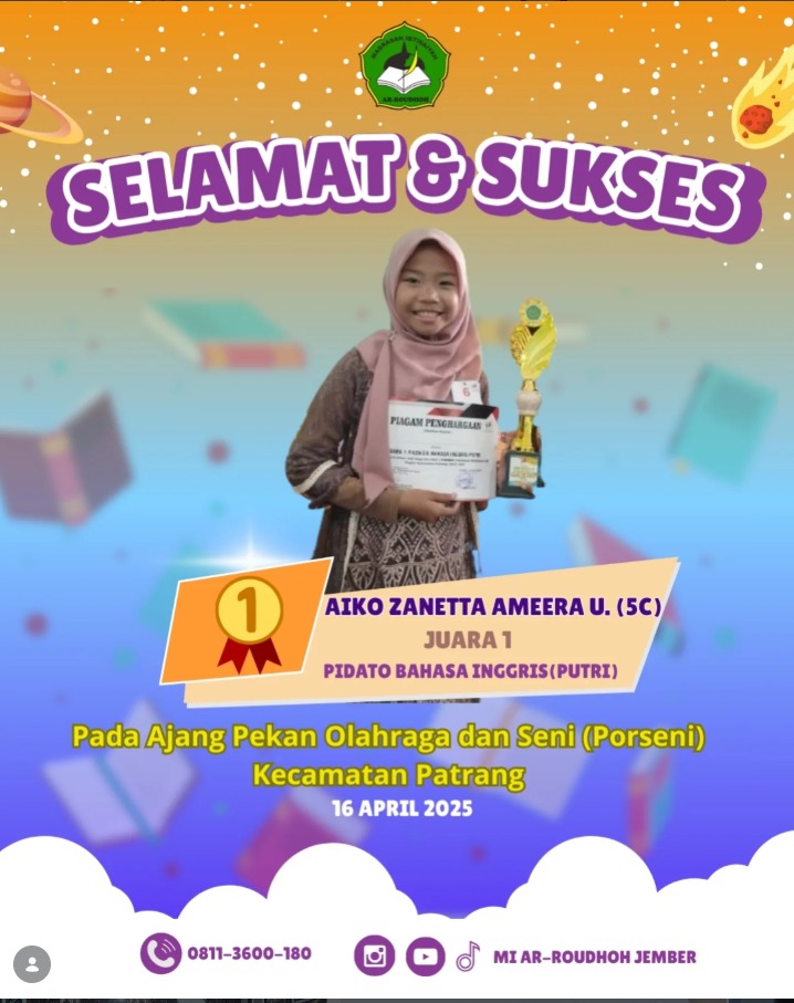 Aiko Zanetta Ameera Utama Raih Juara 1 Pidato Bahasa Inggris Putri pada PORSENI Kecamatan Patrang