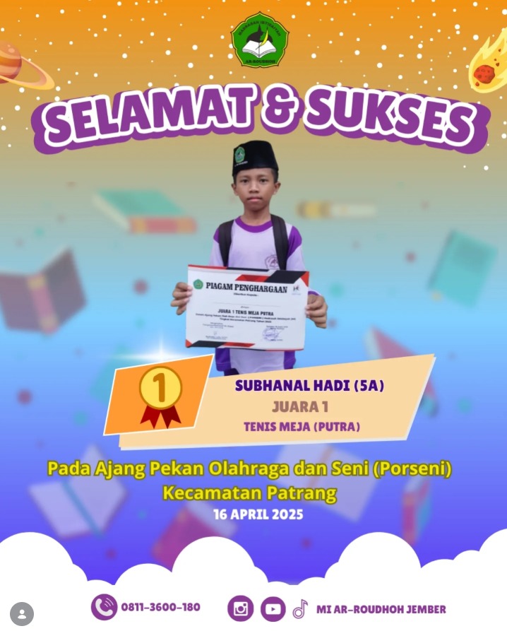 Subhanal Hadi Raih Juara 1 Tenis Meja Putra pada PORSENI Kecamatan Patrang