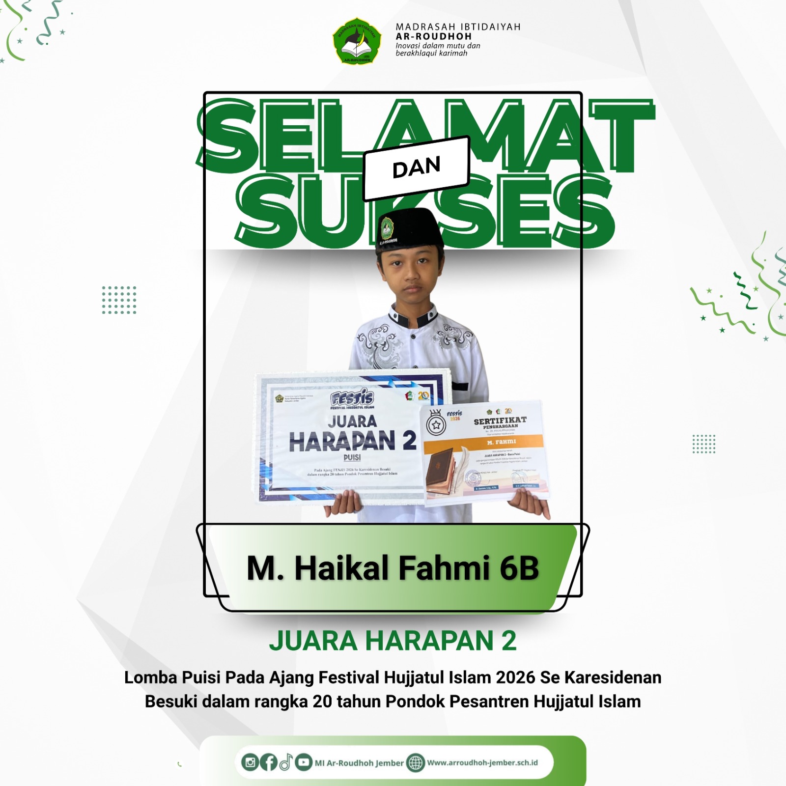 M. Haikal Fahmi Raih Juara Harapan 2 Lomba Puisi Festival Hujjatul Islam 2026