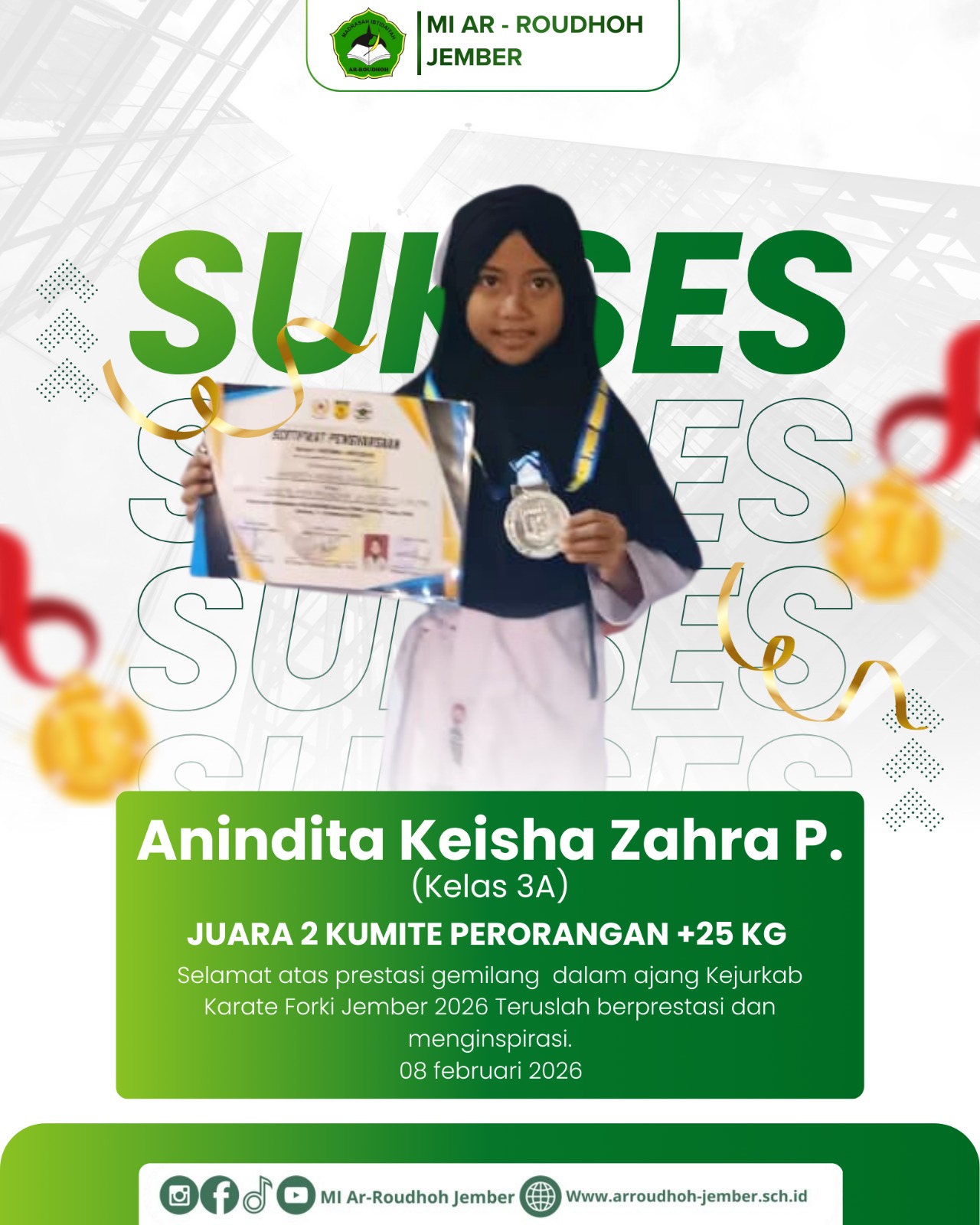 Juara II Kumite Perorangan +25 kg dalam ajang Kejuaraan Kabupaten (KejurKab) Karate FORKI Jember Tahun 2026