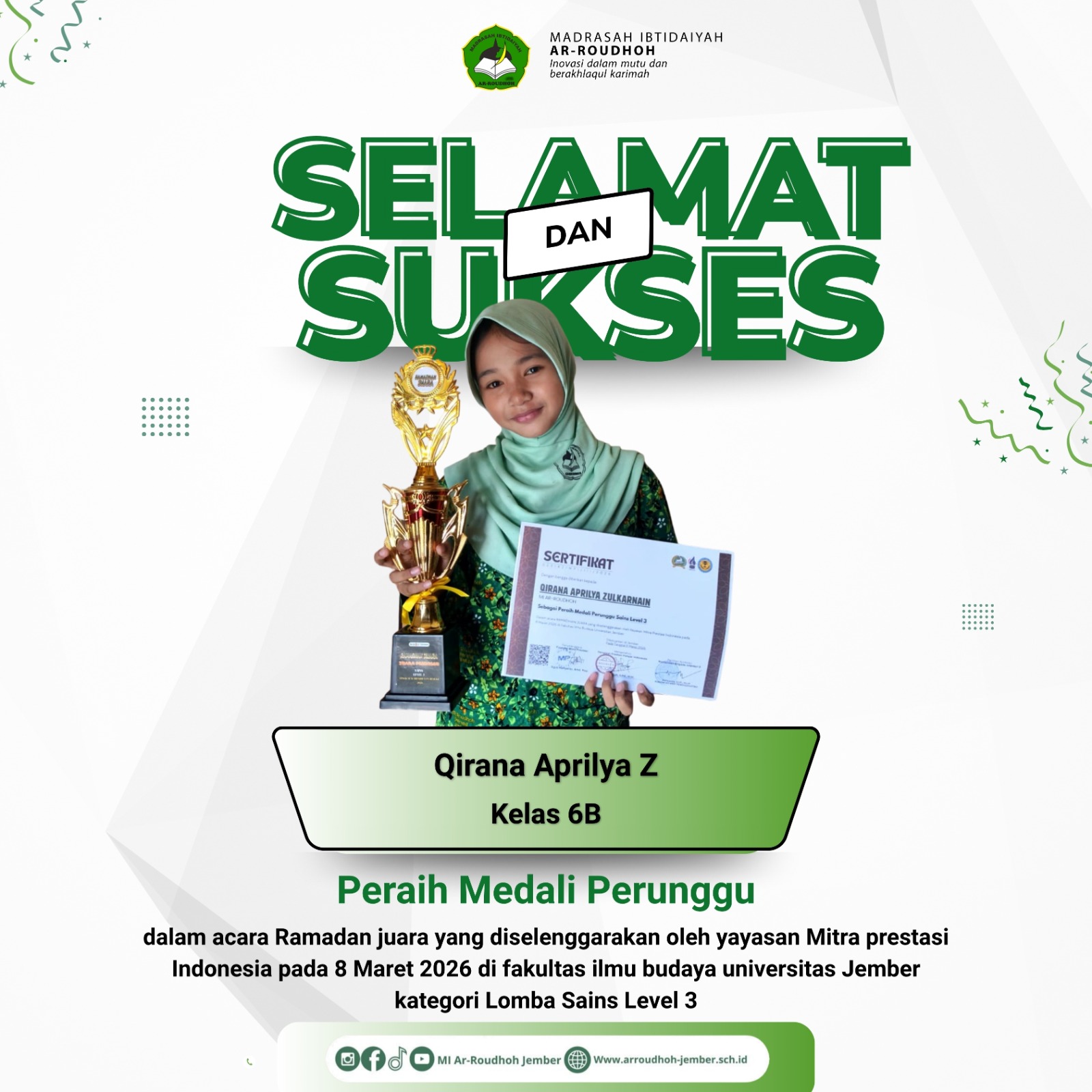 Qirana Aprilya Z Raih Medali Perunggu Lomba Sains pada Ajang Ramadan Juara 2026