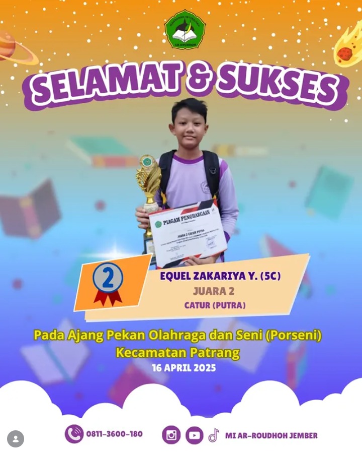 Equel Zakariya Yahya Raih Juara 2 Catur Putra pada PORSENI Kecamatan Patrang